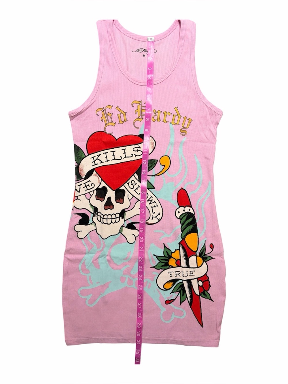 NWT ED HARDY RETRO FLASH RIB TANK DRESS PINK MEDIUM - Picture 6 of 6